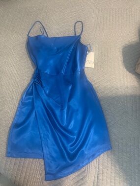 Zara Satin Slip Mini Dress in Bright Blue